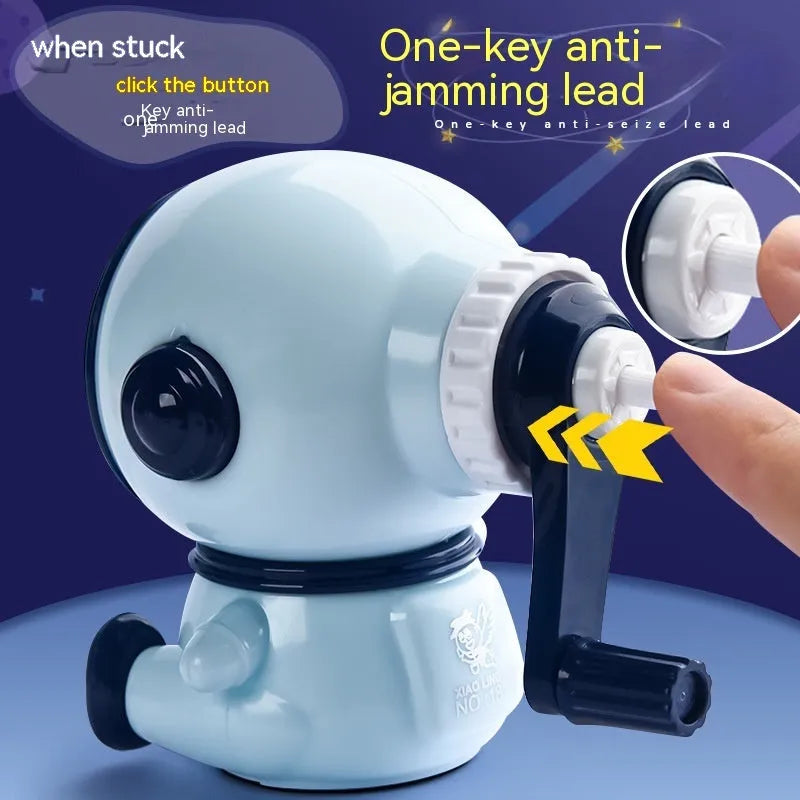 Blue and pink cartoon astronaut manual pencil sharpener with adjustment dial