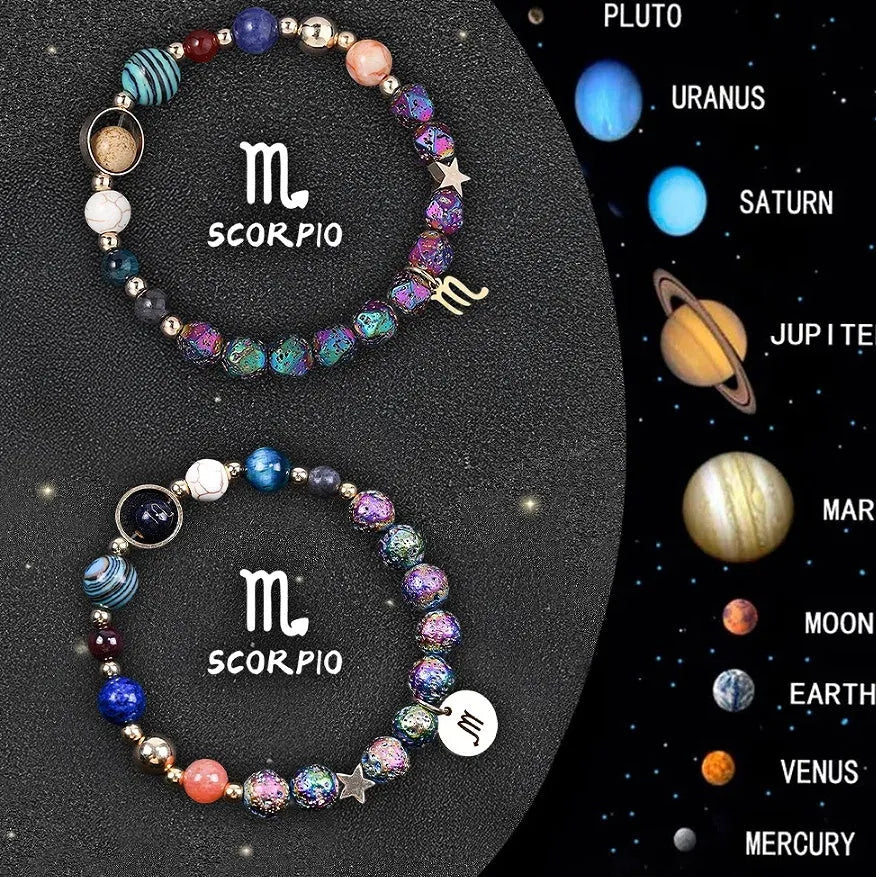 Two natural stone beaded bracelets with adjustable cords on a wooden surface, showing zodiac symbol designs.