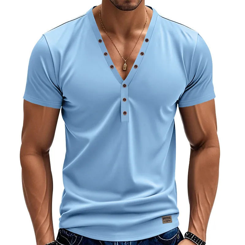 Men's loose fit thin V-neck pullover top with button detail in light blue colour.