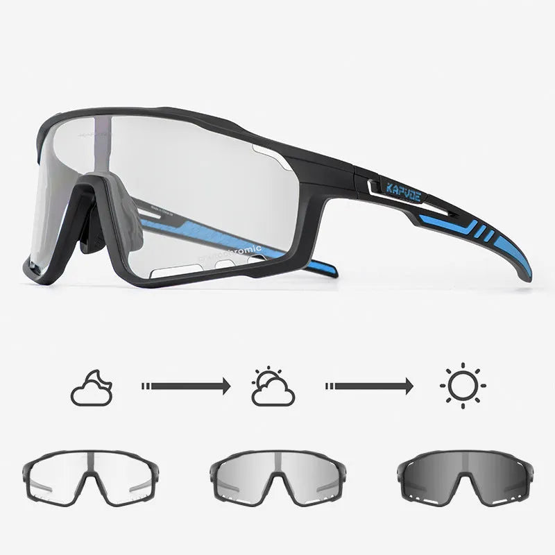 Photochromic cycling sunglasses with a TR90 semi-rimless frame in a unisex style.