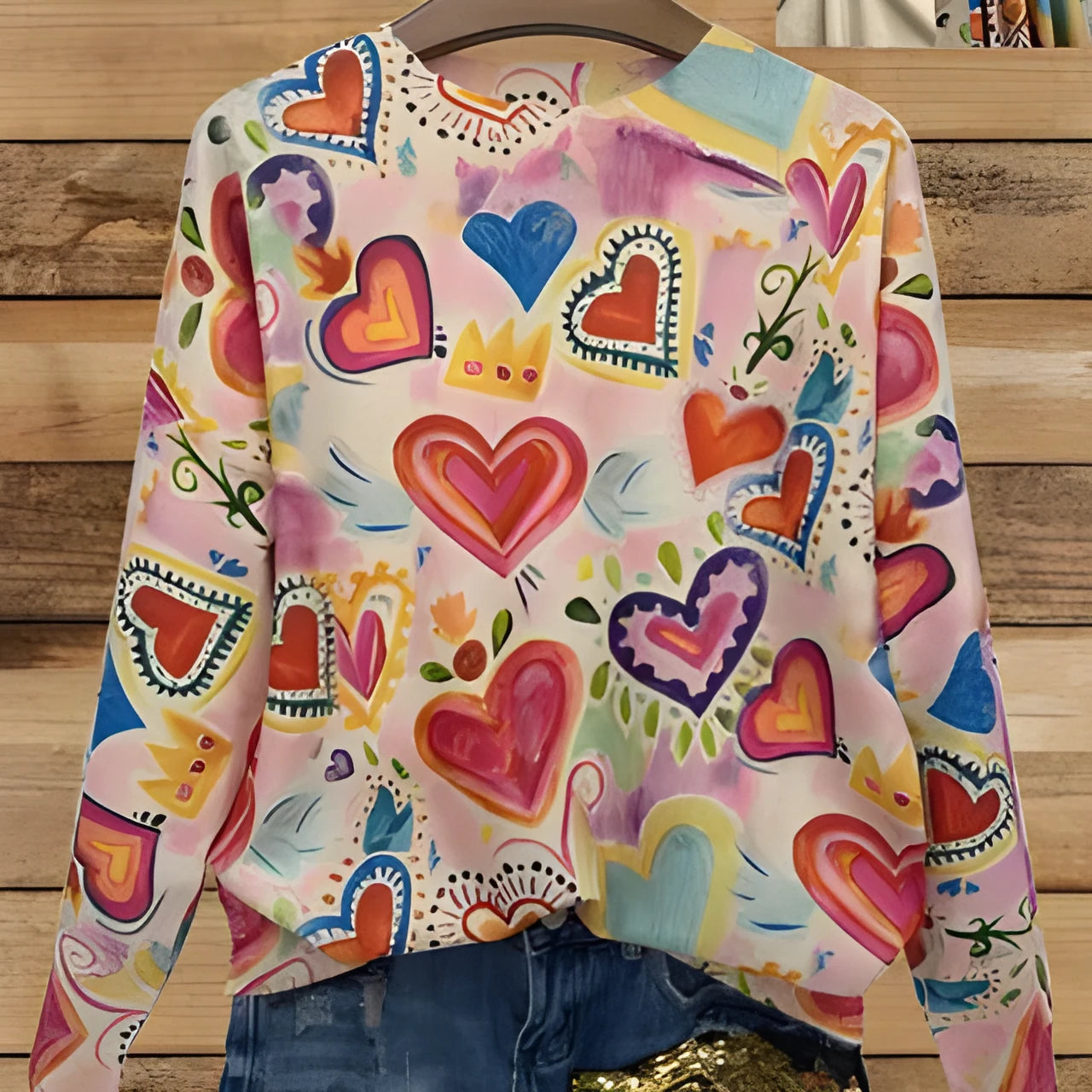 Loose-fit women's digital printed polyester top with lapel collar, shown in a graphic design.
