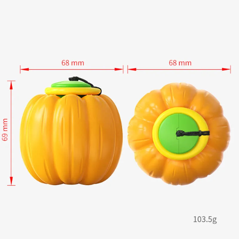 Pumpkin-shaped dog chew ball with squeaker for small dogs in green, orange and yellow colours