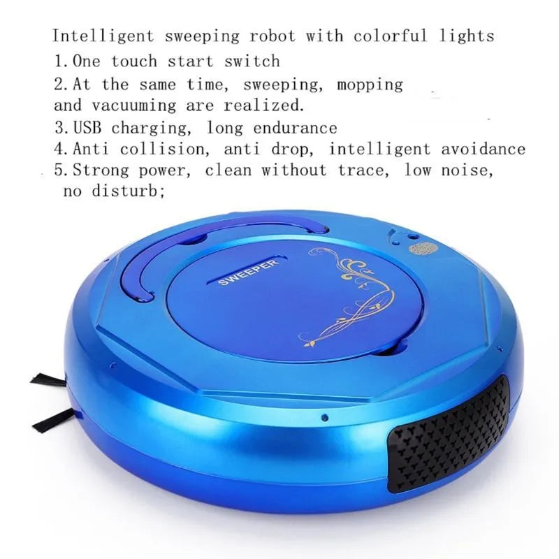 Lazy Smart floor sweeping robot vacuum cleaner in blue, black, or white on a hard floor surface.