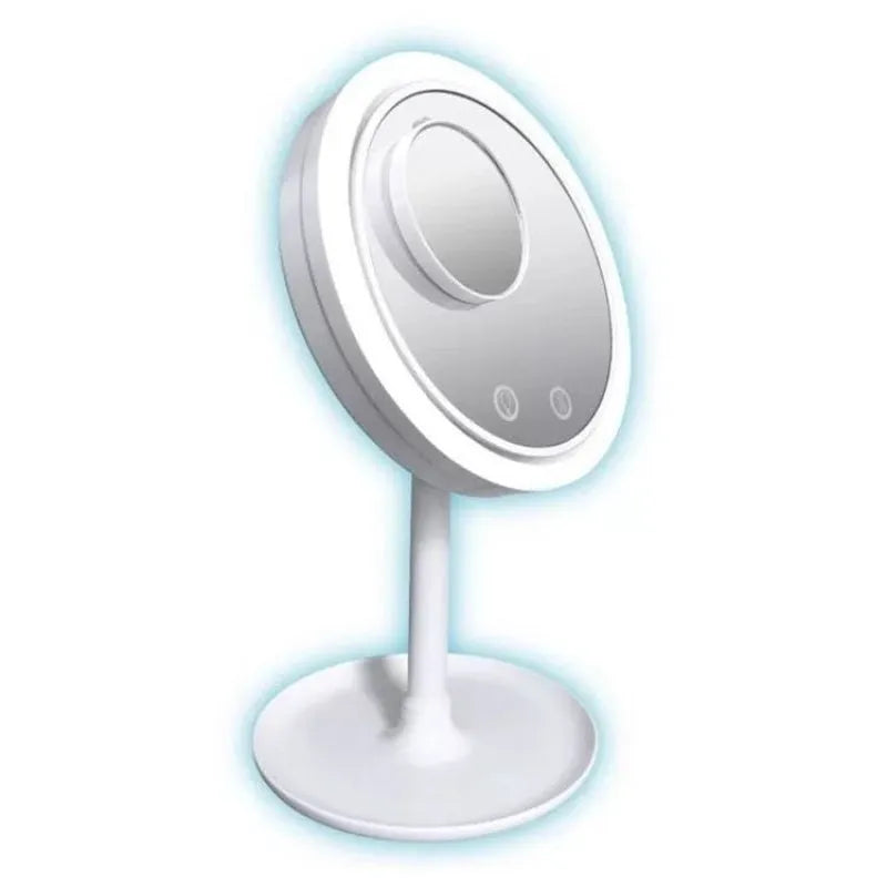 White ABS folding fan LED light makeup mirror with rotating table and five-fold design