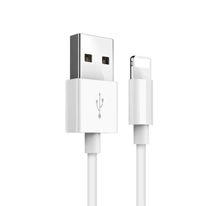 White Apple Lightning charger cable head compatible with iPhone, shown in 1m and 2m length options