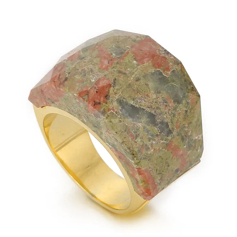 Women's geometric stainless steel natural stone ring with 17mm width in electroplated finish