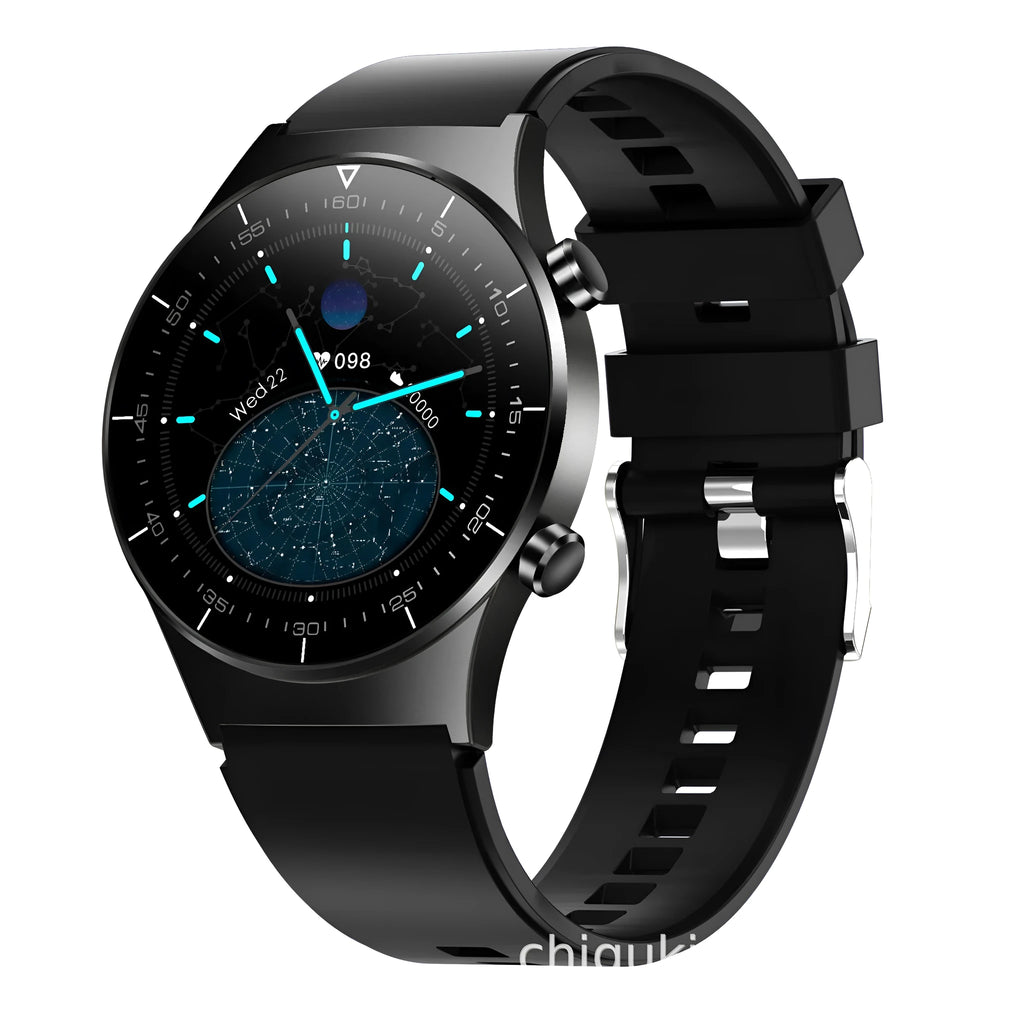 Black smart watch with 1.28 inch screen displaying heart rate and activity metrics on wrist