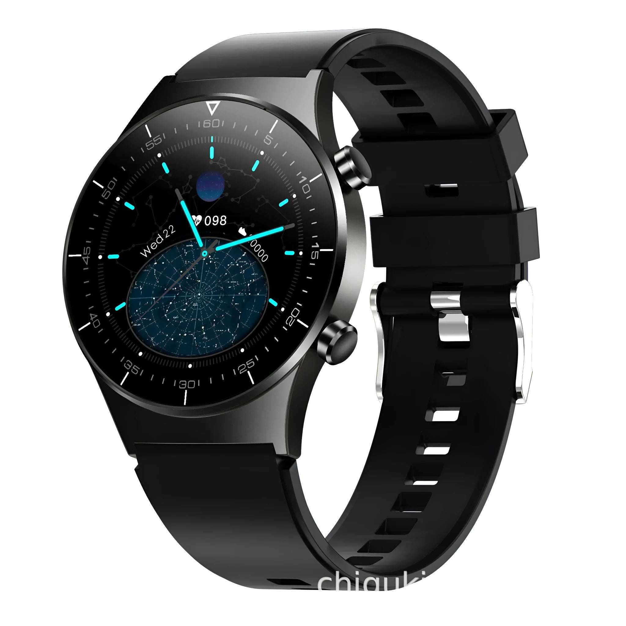 Black smart watch with 1.28 inch screen displaying heart rate and activity metrics on wrist