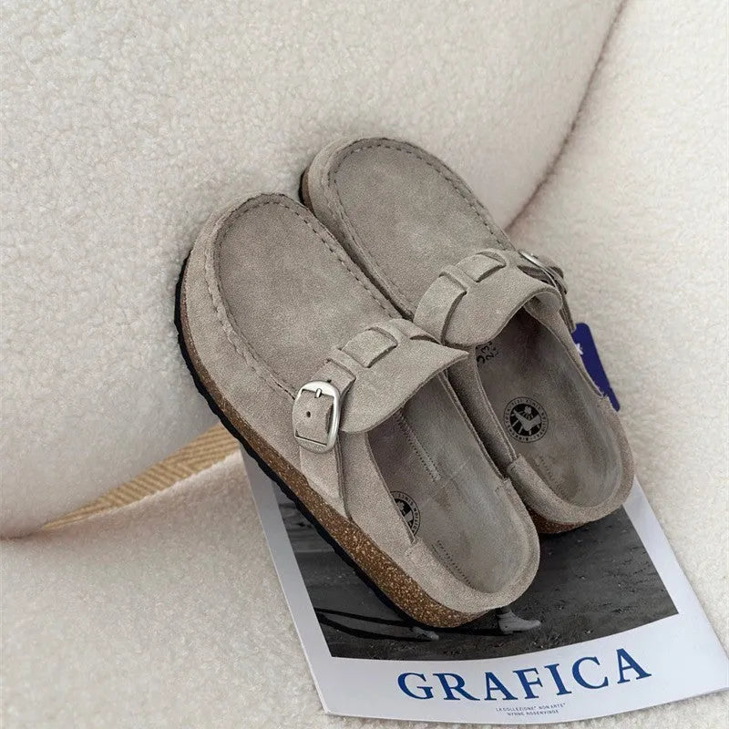 Unisex cow suede mule slippers with cork sole and toe cap in sand gray colour, side view