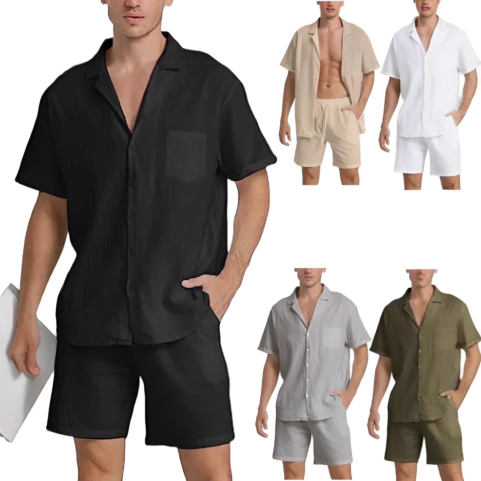 Man wearing a grey flax linen short-sleeved top and matching shorts from the summer sports suit set.