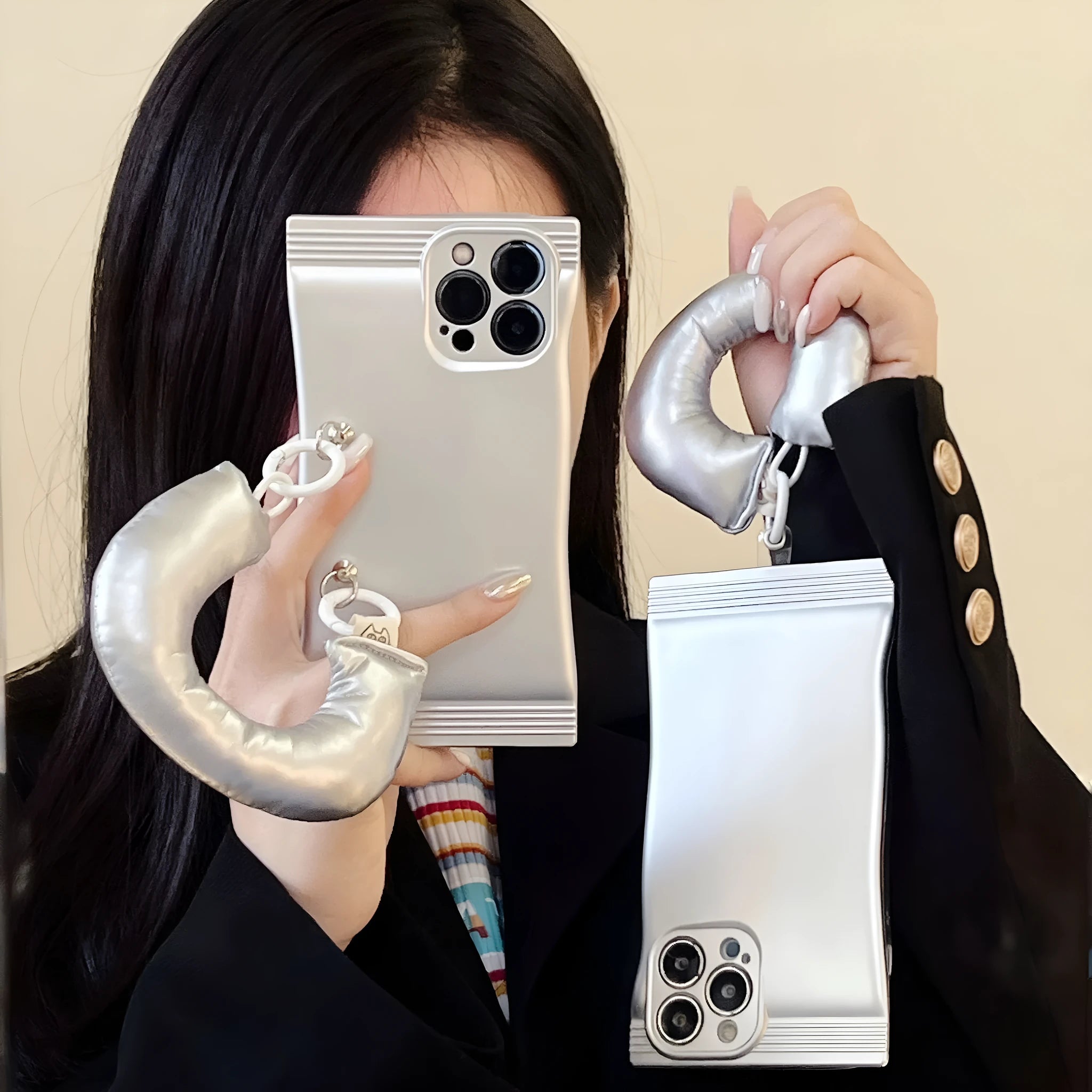Electroplated silver TPU phone case with portable hand strap for iPhone 14 Pro Max