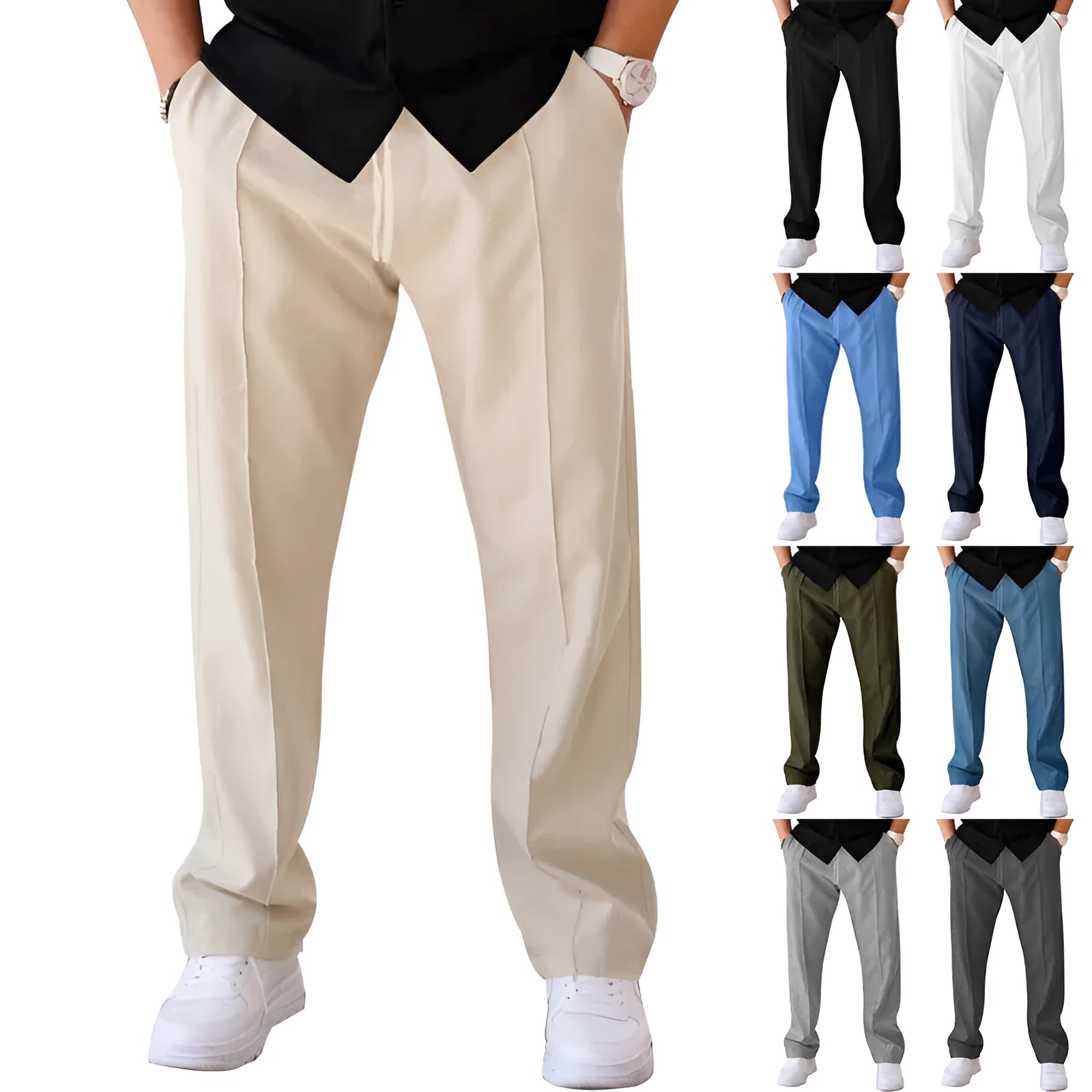 Men's loose straight trousers in waffle polyester with drawstring, available in multiple colours including black and light grey