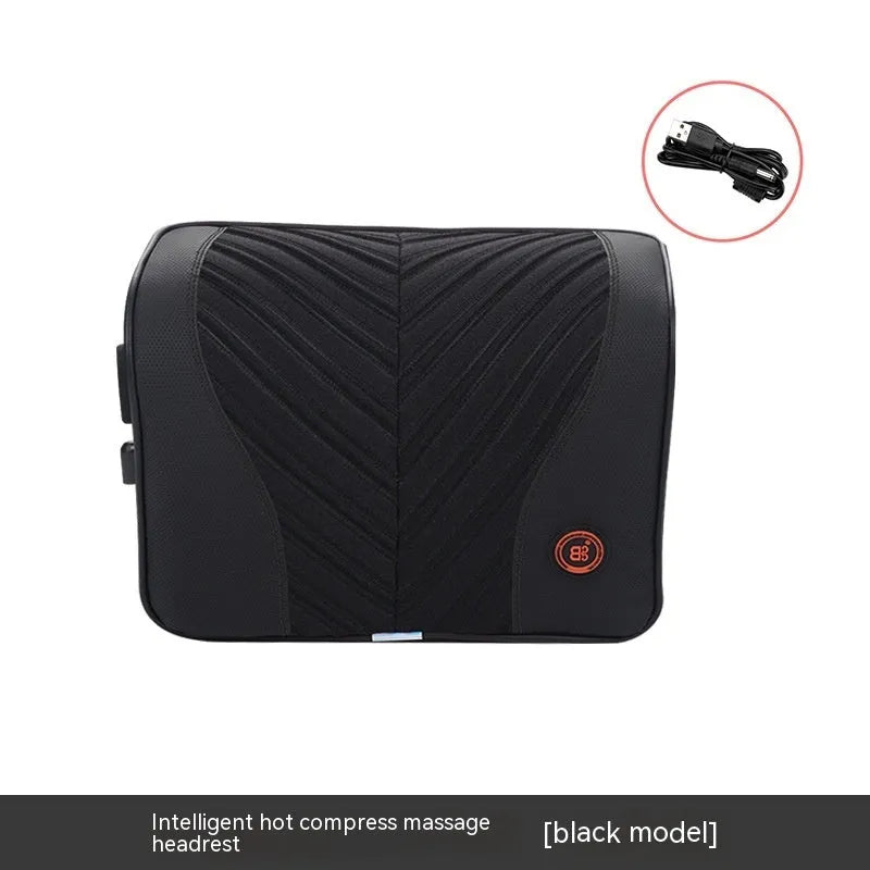 Black and red electric car massage headrest and lumbar support cushion with leather mesh fabric.