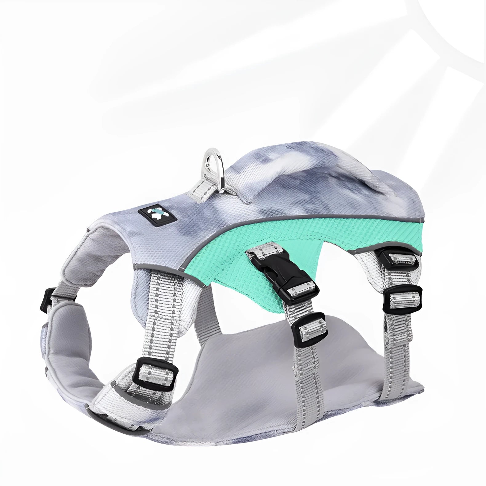 Reflective polyester chest strap for pet cooling clothes in multiple sizes and colours.