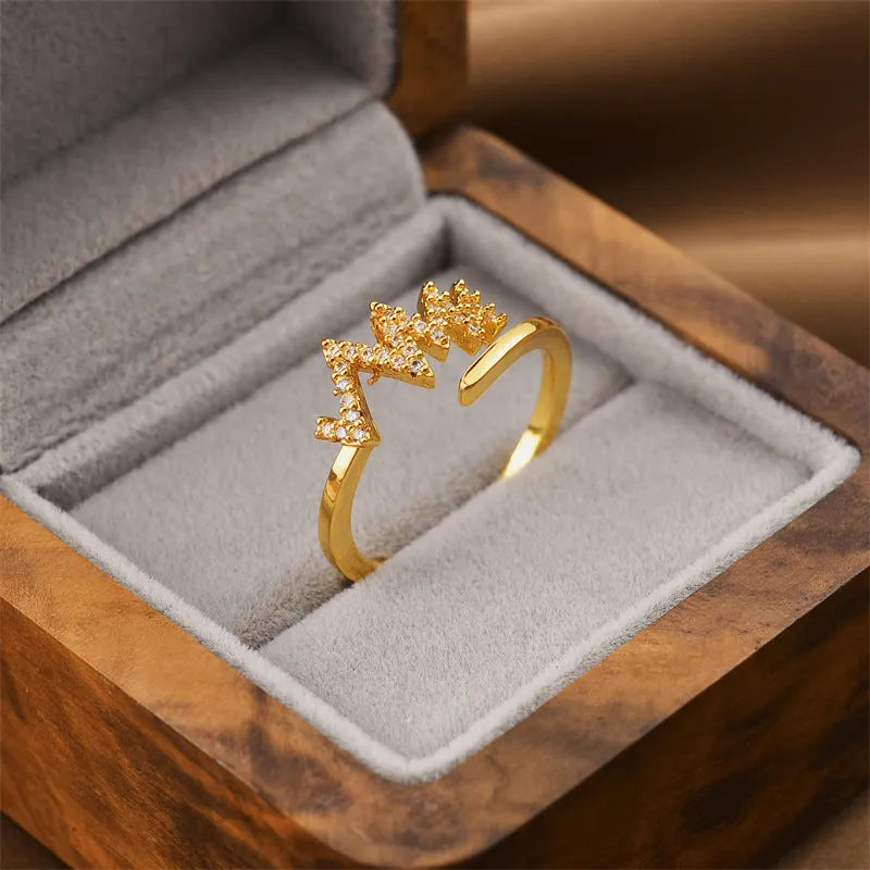 Gold geometric open-band fashion ring on a hand, showing adjustable design and 5mm width.