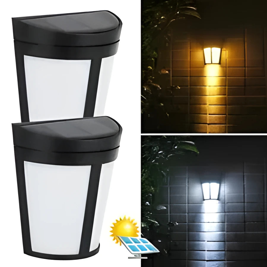 Solar-powered outdoor wall lamp with 6 LEDs and automatic sensor for garden pathway lighting