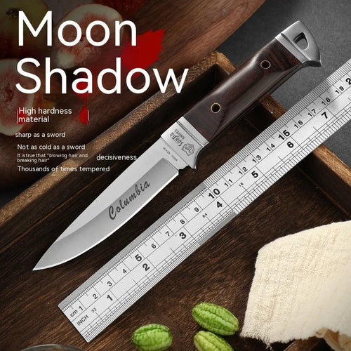 Camping portable fruit knife with stainless steel blade and brown leather protective case