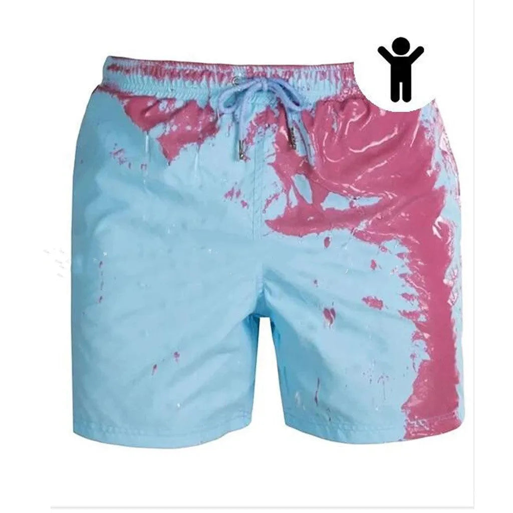 Magical colour-changing beach shorts for men in blue, with drawstring waist and quick-dry polyester fabric
