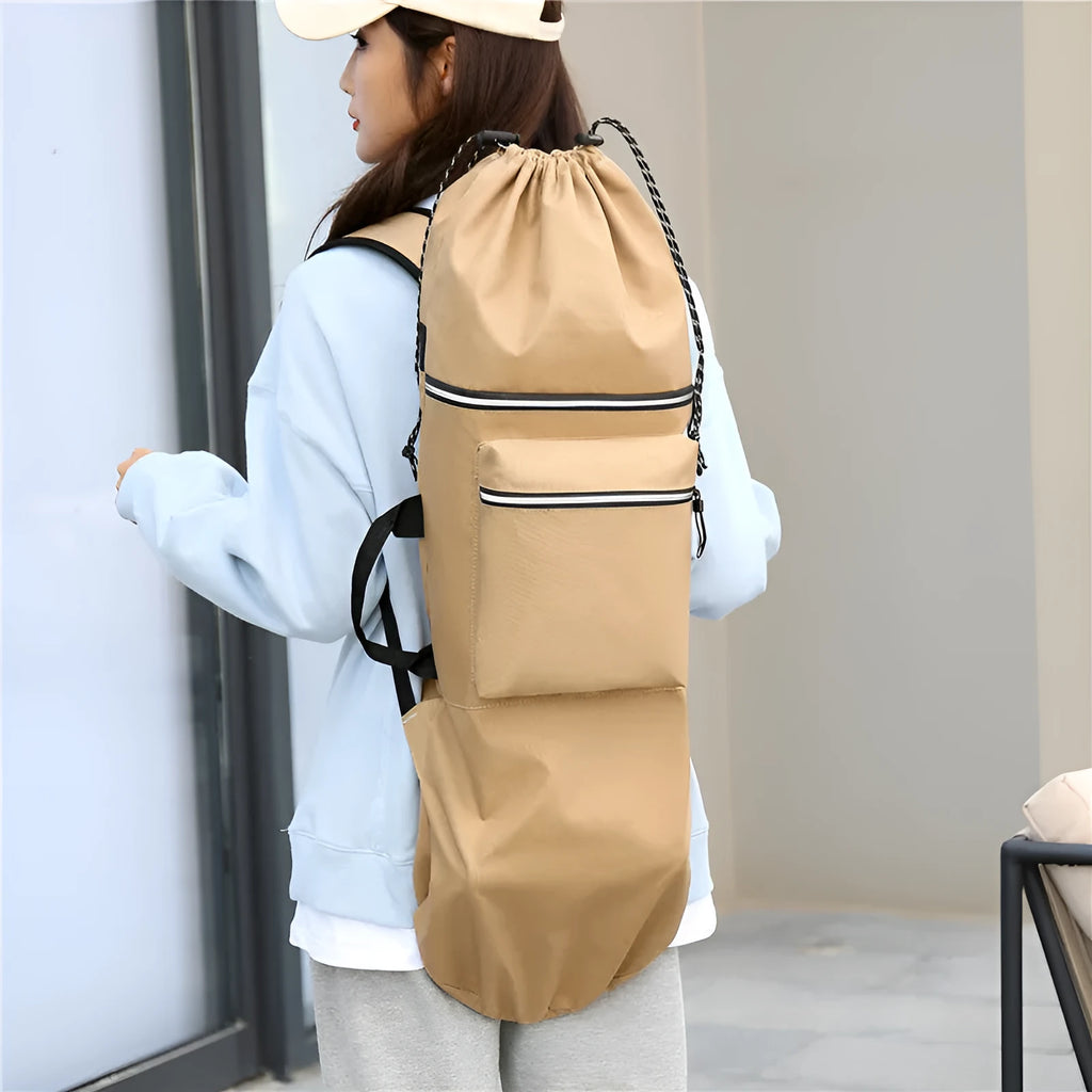 Black waterproof nylon skateboard bag holding a longboard, with yoga mat and fishing rod alternative uses shown.