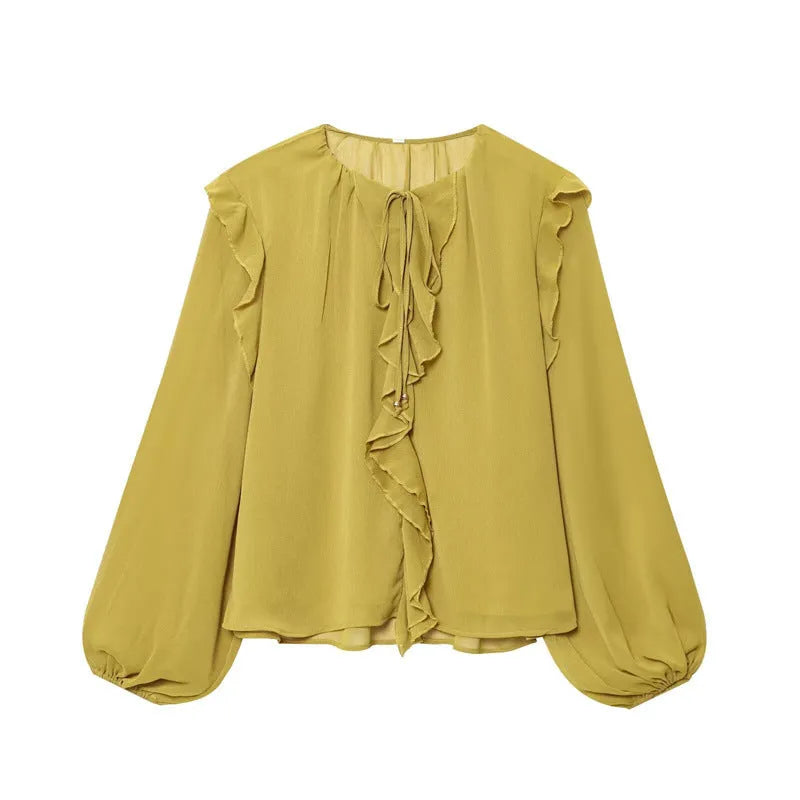 Women's yellow ruffled laminated decorative shirt with printed plants and flowers, button front, long sleeves