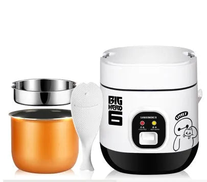 Compact round miniature rice cooker with steam pan and non-stick liner for one to two person cooking