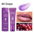 Women's lip gloss set in four fruit flavours: yellow peach, berry, pomelo, and grape.