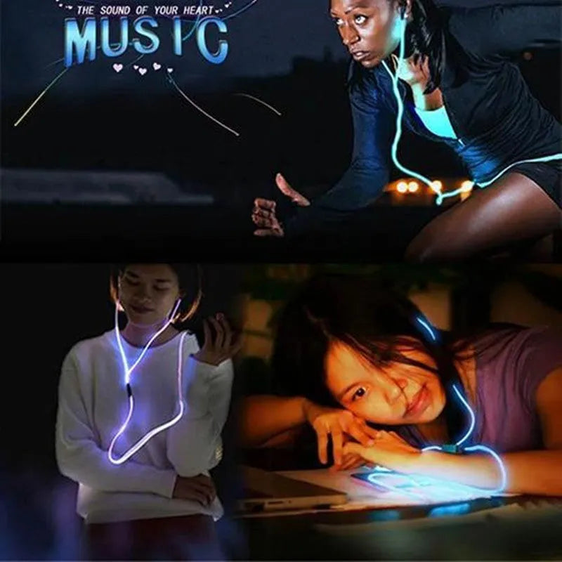 Blue LED light-up earphones with a remote control, compatible with iPhone and Samsung phones.