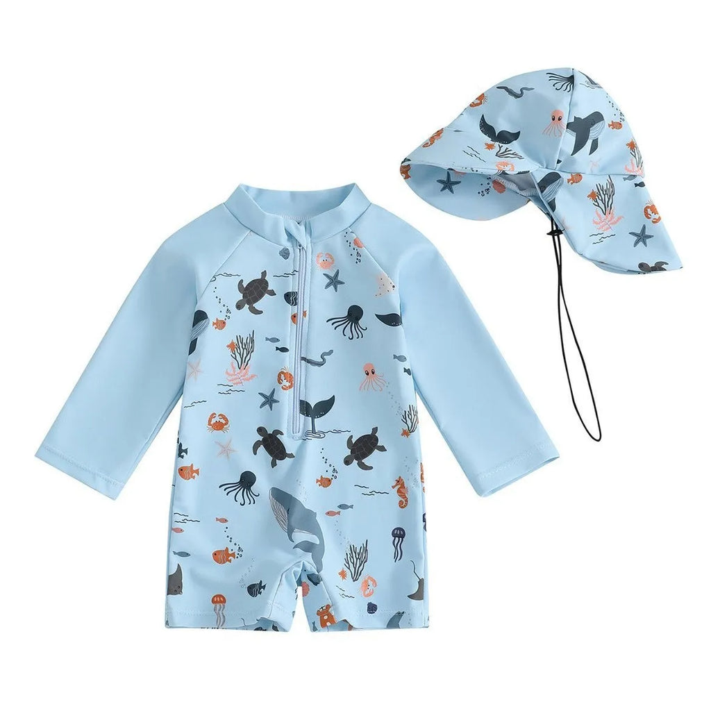 Boys' one-piece swimsuit with hat, long sleeves, polyester, cartoon pattern, light blue