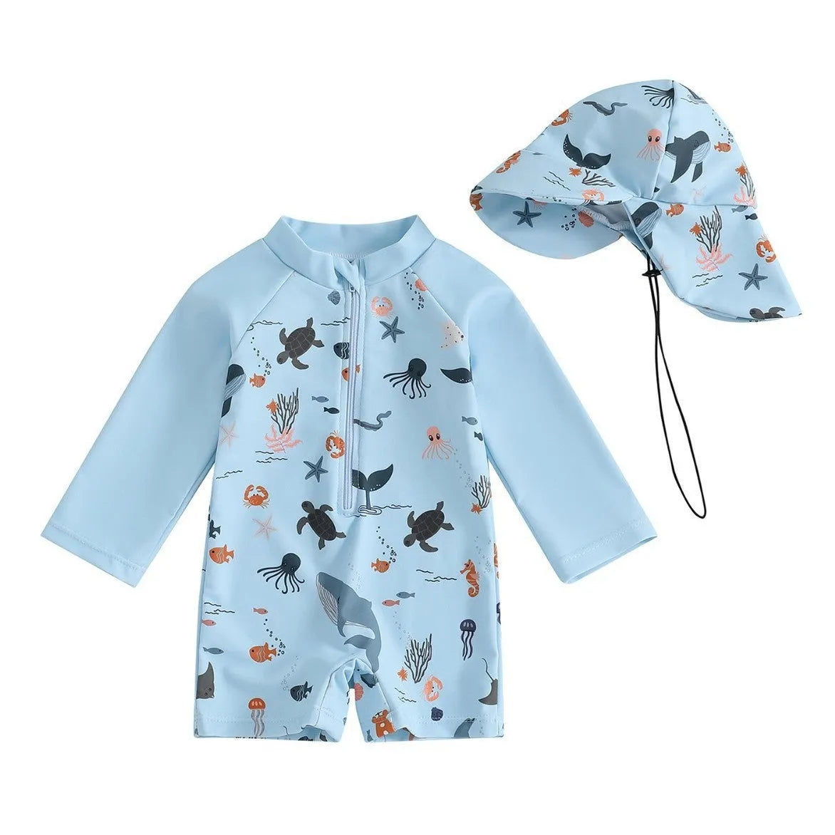 Boys' one-piece swimsuit with hat, long sleeves, polyester, cartoon pattern, light blue