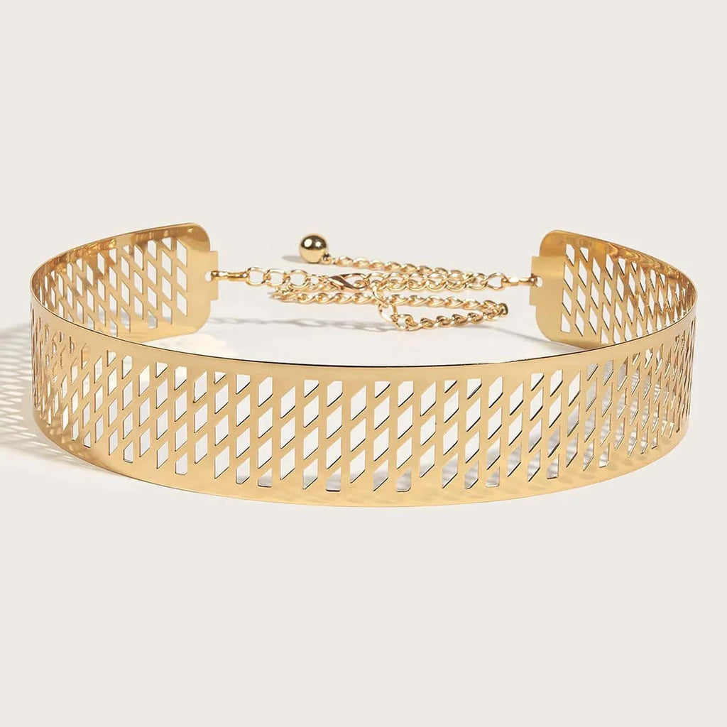 Gold chunky metal waist belt with lantern-head design, 4.5cm wide and 105cm long with hook buckle.