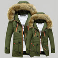 Men's cotton winter jacket with fur-trimmed hood and zip front, shown in army green, black and navy blue