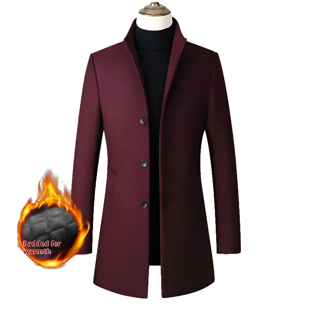 Men's single-breasted stand collar cotton padded wool blend winter trench coat in grey