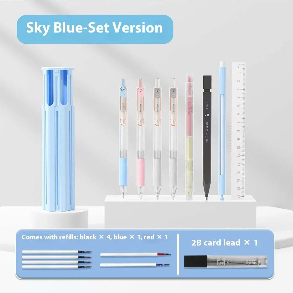 Six pens pencil case kit with pressing pen in plastic construction