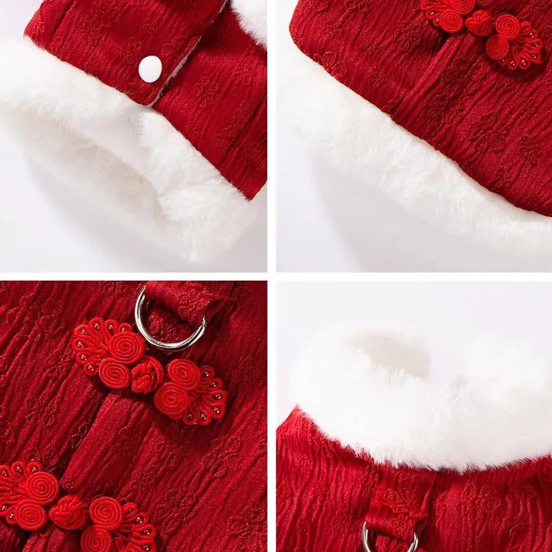Red Chinese-style thermal cotton dog outfit for small breeds with festive New Year design