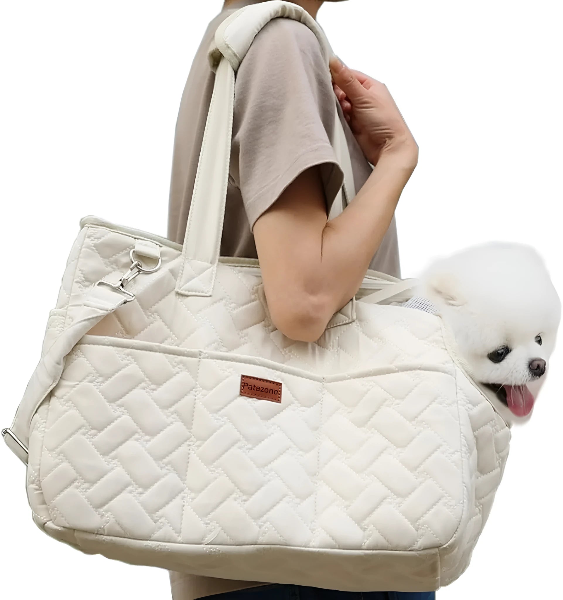 Grey pet carrier handbag with breathable mesh panels and multiple pockets for cat or small dog transport