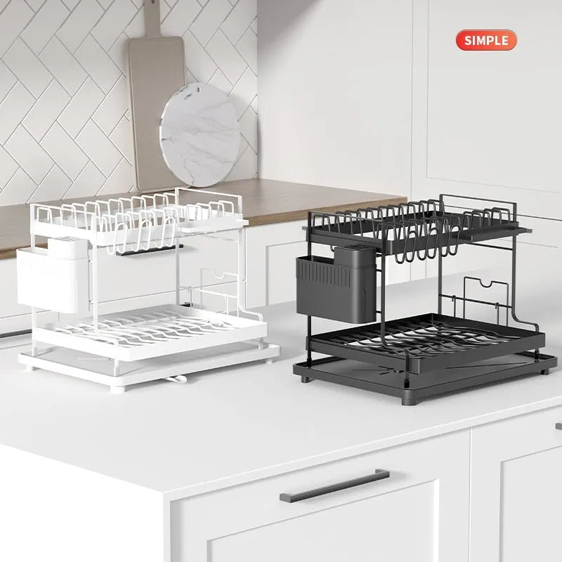 White double-layer kitchen storage rack with removable draining section on a countertop.