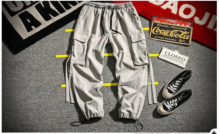 Ribbon Cargo Pants with elasticated waistband and pockets in Black, Gray, and Red colour options