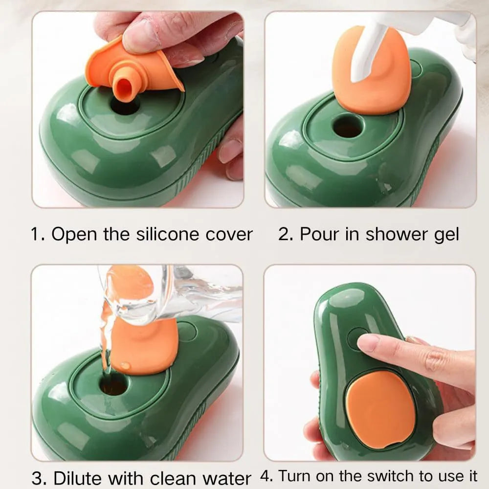 Green and white 3-in-1 cat steam brush with water spray and soft silicone teeth for pet grooming.