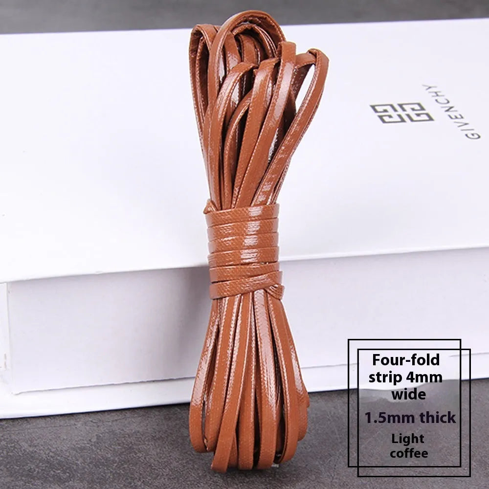 Coils of woven PU leather craft cord in various colours including black, brown, blue, red, and gold.