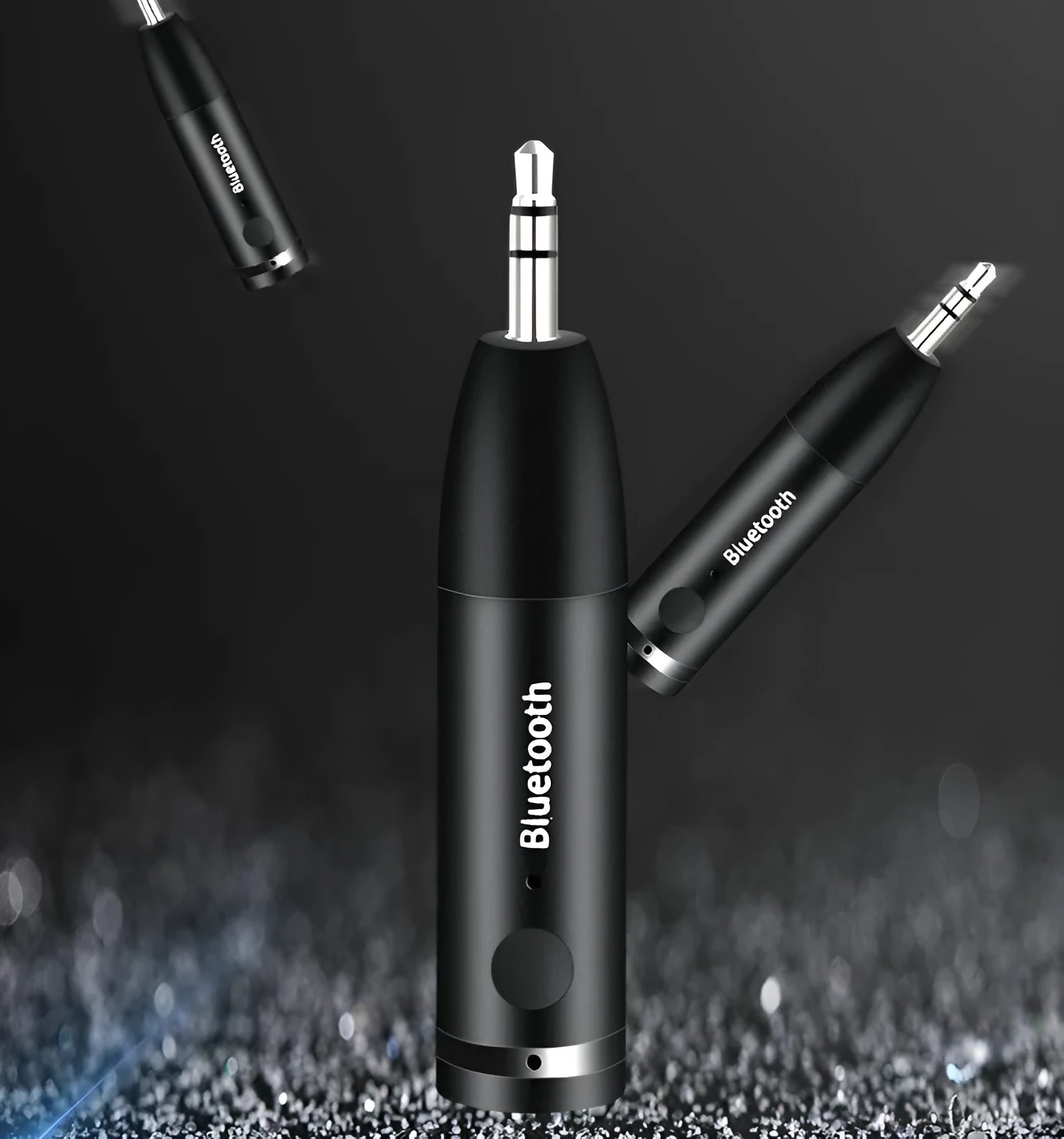Black Bluetooth audio receiver with AUX connector and USB charging port