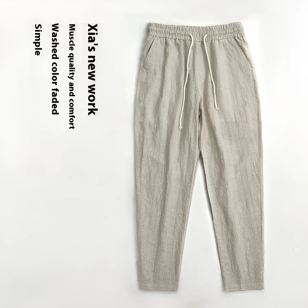 Cotton and linen men's summer thin casual striped cropped pants, khaki stripe colour, side view
