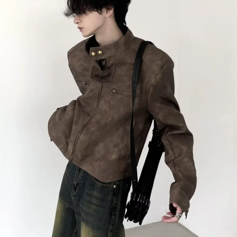 Men's retro brown PU leather short coat with long sleeves and tight fit, shown in casual style.