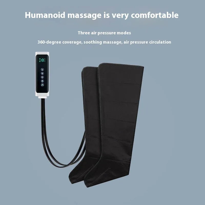 Black leg massage boots with air wave technology, fully wrapped design covering calf and foot