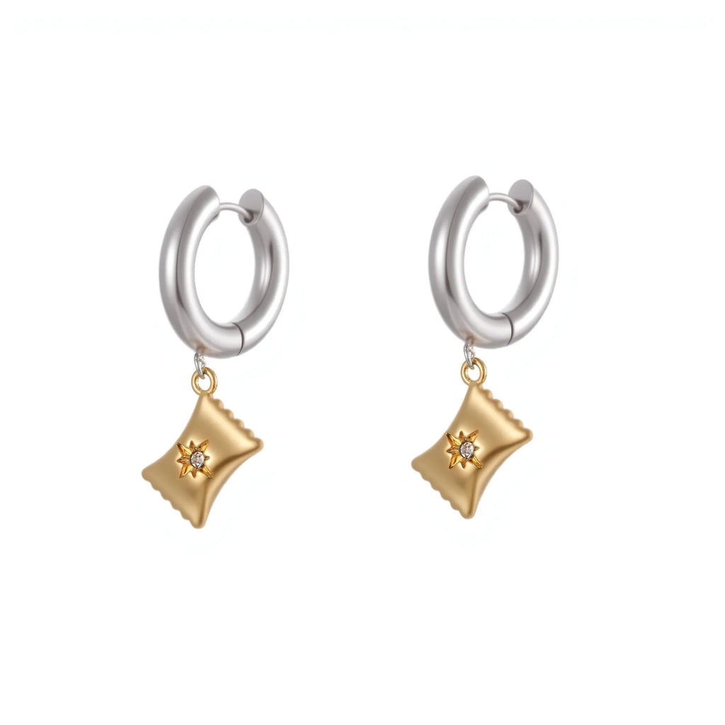 Stainless steel geometric earrings with 18K electroplated finish showing heart and star shapes