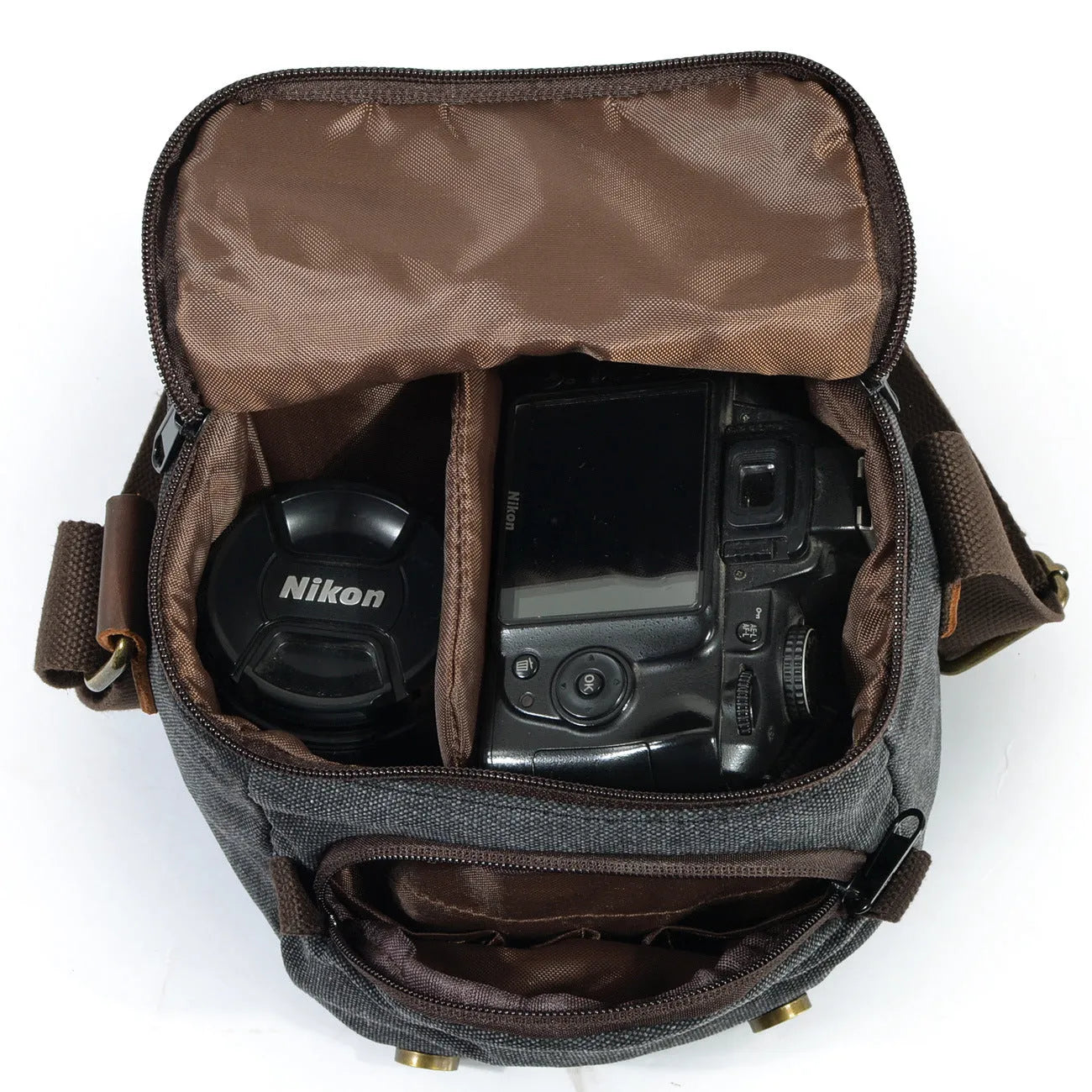 One-shoulder retro canvas waterproof camera bag for Canon SLR in dark grey