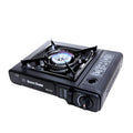 Black portable cassette stove 340x280x115mm with electronic ignition for camping, BBQ and hot pot cooking