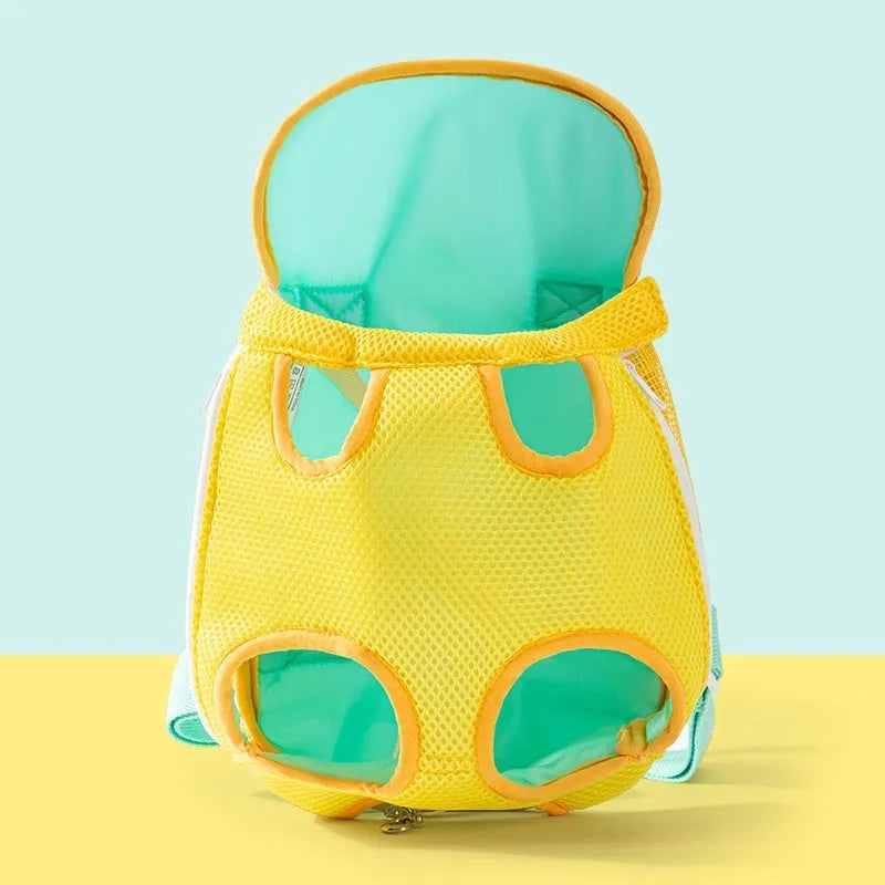 Yellow cartoon bear design soft canvas chest bag for small pets, shown with colourful stitching.