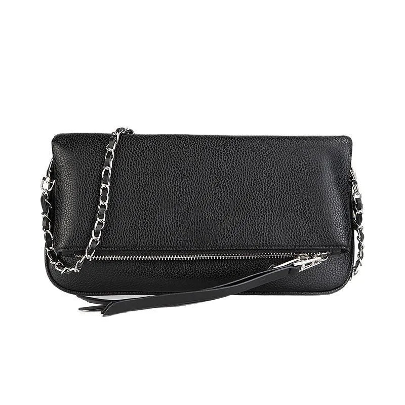 Women's black chain folding clutch shoulder bag with shell shape and crossbody strap