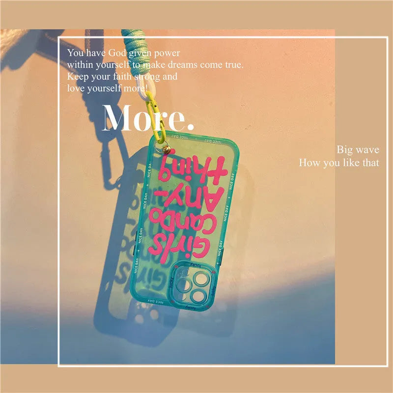 Graffiti hand-painted TPU iPhone case with lanyard in mint green, blue-haired girl, or green crocodile design