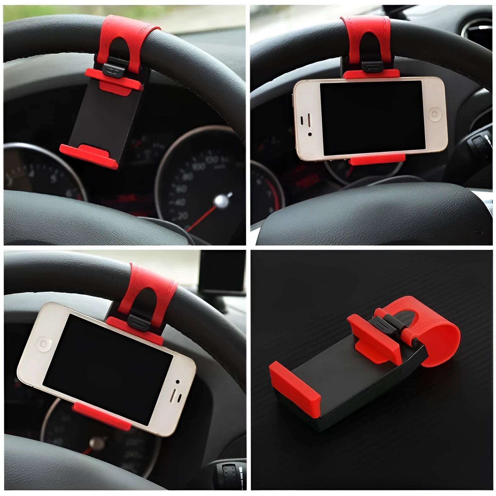Black universal car steering wheel clip mount holder showing a mobile phone securely attached.